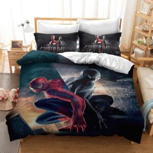 （Venom et Spiderman） Housse de Couettes Parure de lit 3 Pièces Hypoallergique Tissu Ensemble de literie Housse de Couette Moelleuse avec 1 taie d'oreiller pour lit Simple 135cm x 200cm 