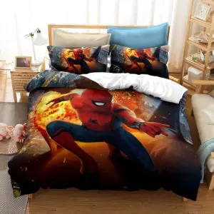 Parure de lit Spiderman nocturne, bonne qualité et très confortable sur un lit dans une maison