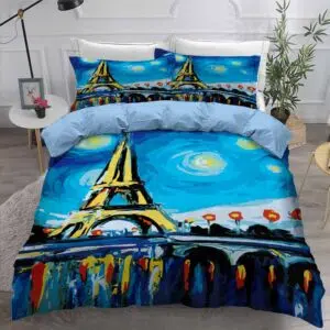 Parure de lit tour Eiffel Bleue, bonne qualité et très confortable sur un lit dans une maison