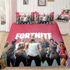 Parure de lit Fortnite rose, bonne qualité et à la mode sur un lit dans une maison
