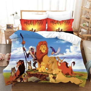 Parure de lit personnages Roi Lion, bonne qualité et à la mode sur un lit dans une maison