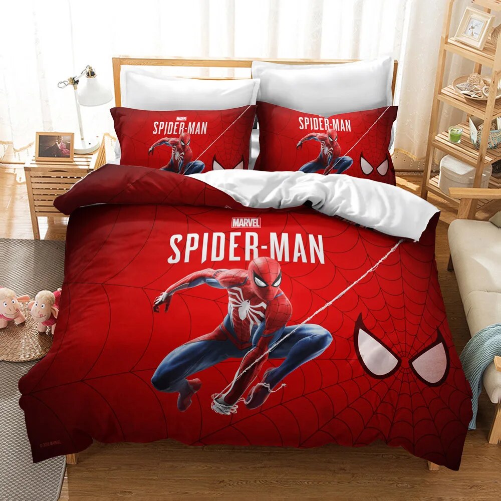 Parure de lit Spiderman rouge, bonne qualité et très confortable sur un lit dans une chambre.