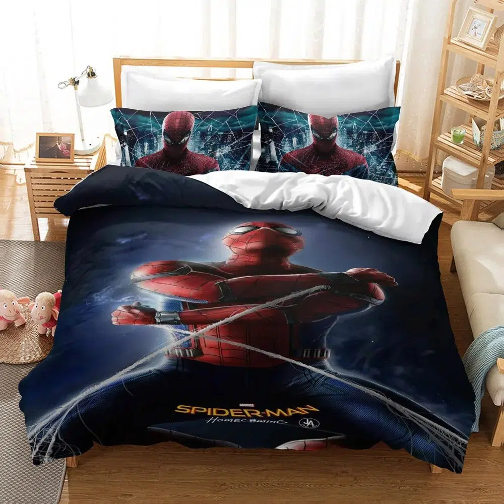 Parure de lit Spiderman ténébreuse, bonne qualité et très original sur un lit dans une chambre.