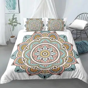 Parure de lit mandala pastel. Bonne qualité et à la mode sur un lit dans une maison