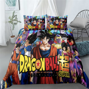Parure de lit personnages Dragon Ball Super. Bonne qualité et à la mode sur un lit dans une maison,