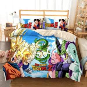 Parure de lit personnages Dragon Ball Super. Bonne qualité et à la mode sur un lit dans une maison