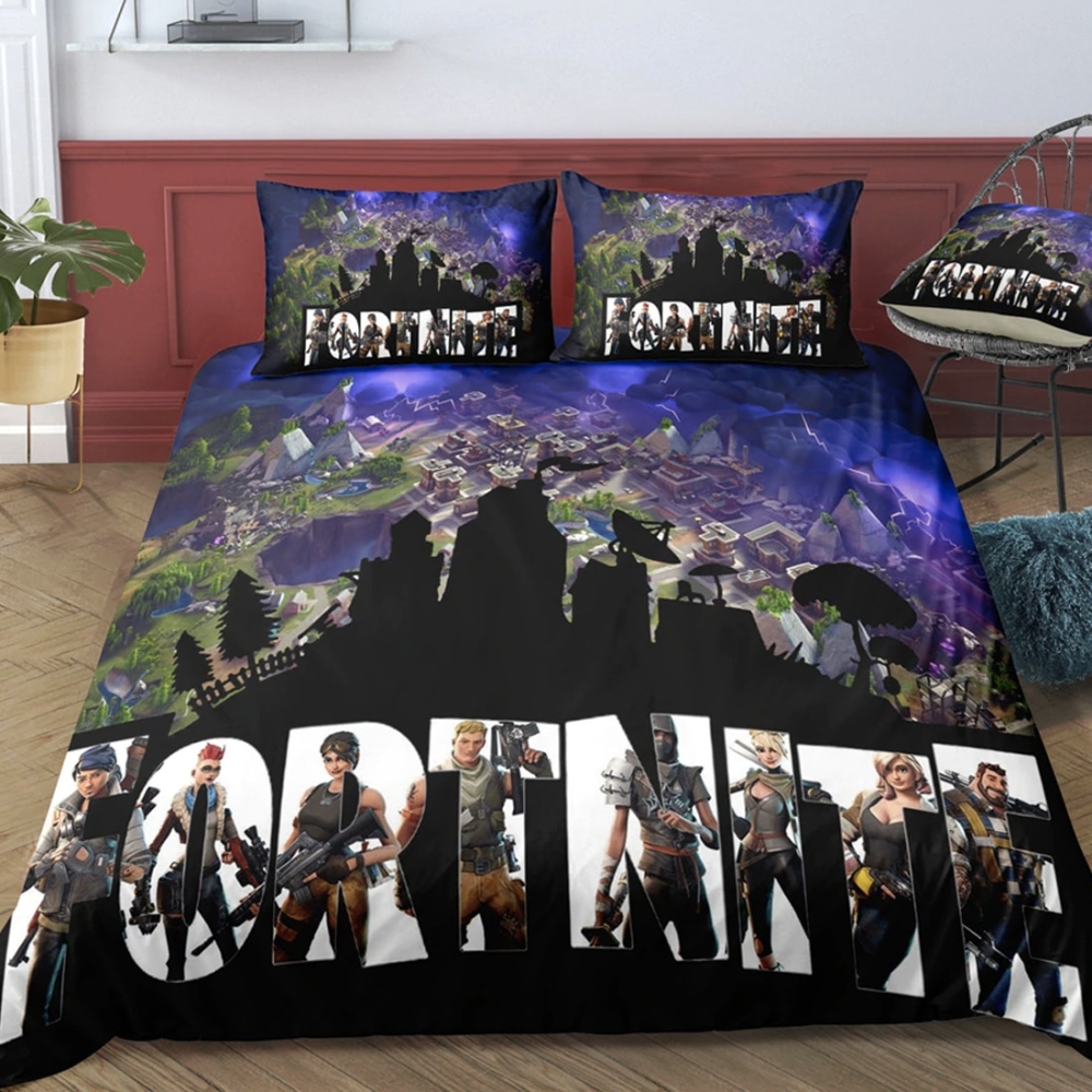 Parure de lit Fortnite vue sur la ville. Bonne qualité et à la mode sur un lit dans une maison