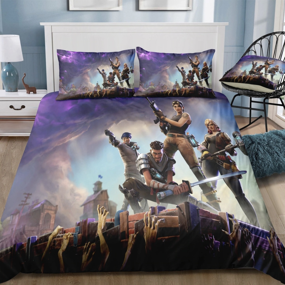 Parure de lit Fortnite zombies. Bonne qualité et à la mode sur un lit dans une maison