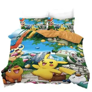 Parure de lit au pays des Pokémon. Bonne qualité, confortable et à la mode sur un lit dans une maison