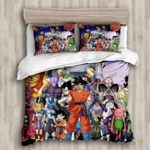 Parure de lit personnages Dragon Ball, bonne qualité et à la mode sur un lit dans une maison
