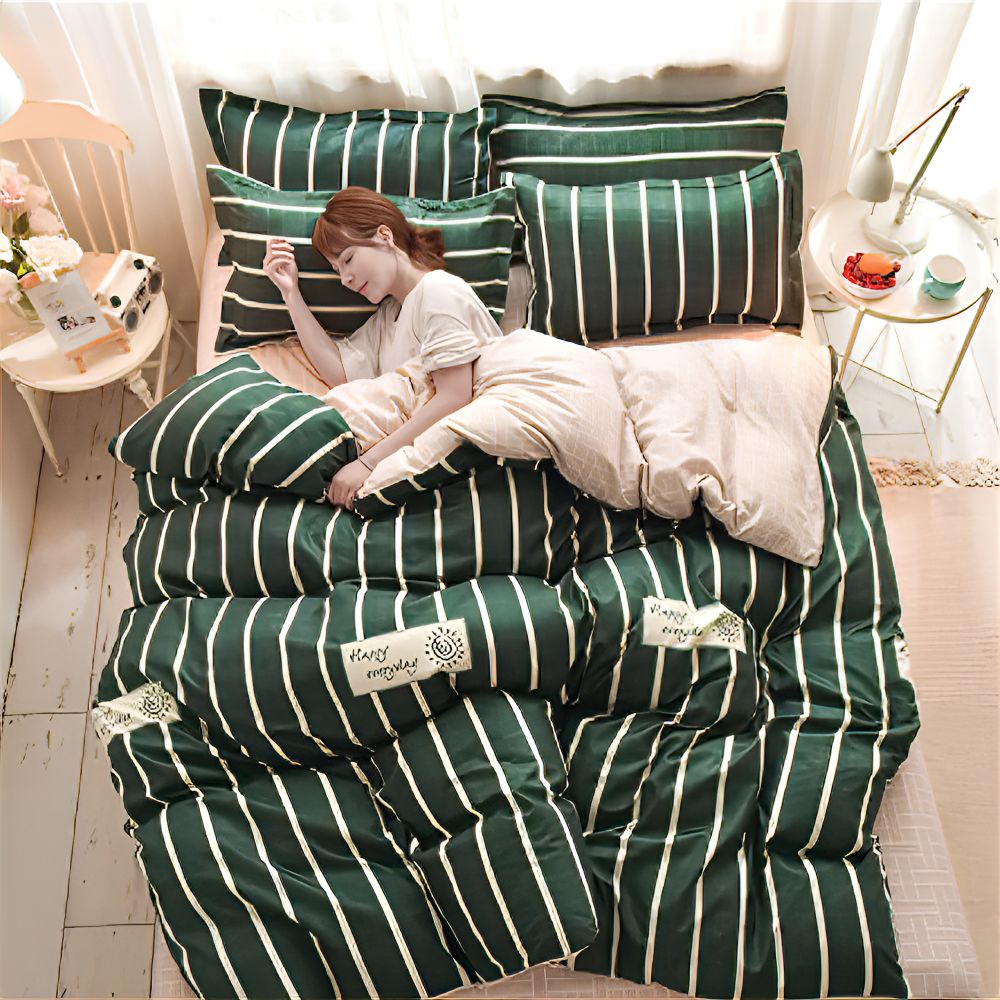 Parure De Lit 4 Pièces Sleep Zone à Rayures - Tissu Rafraîchissant - Poche Profonde 40 Cm - Gris Moulin Grand Lit