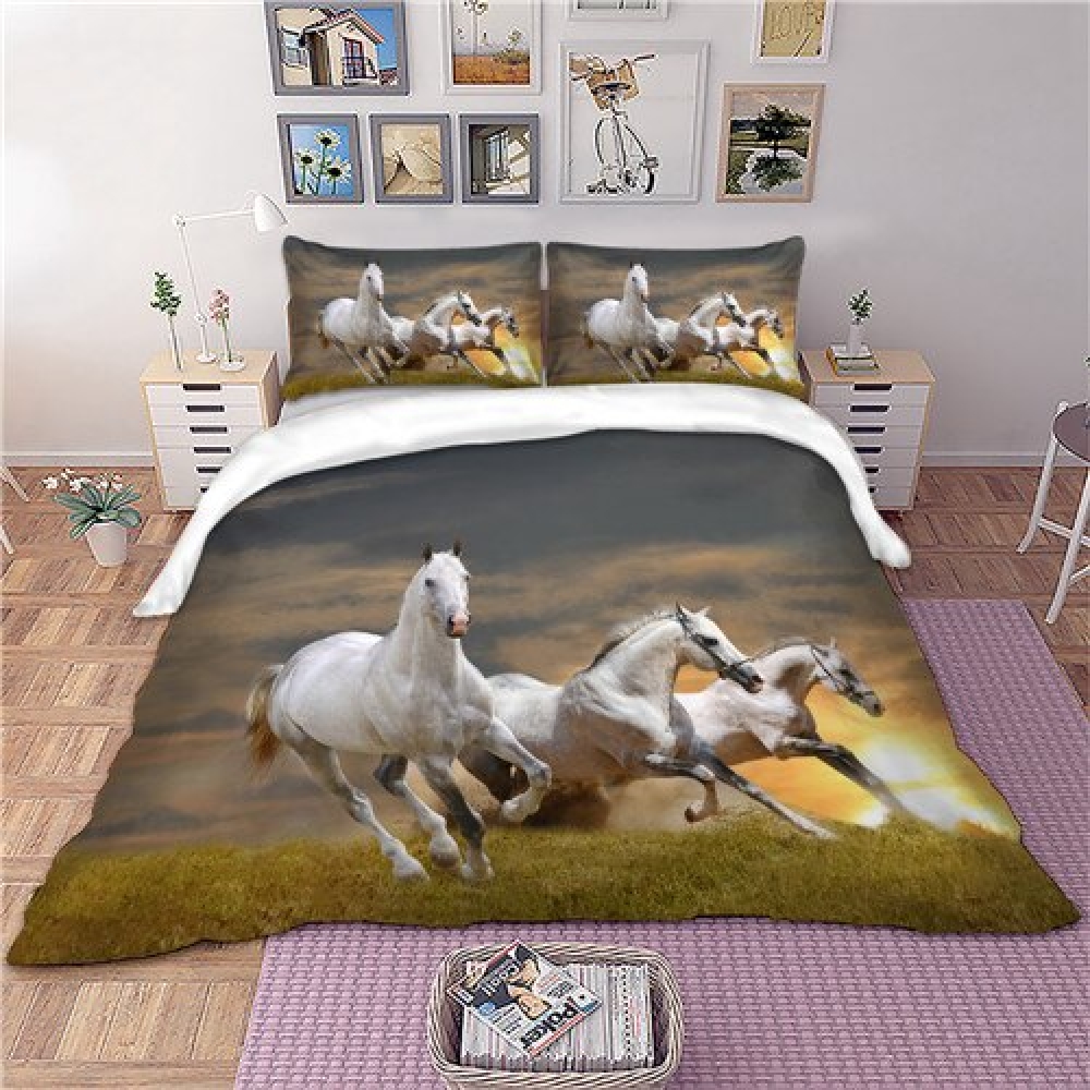 Parure de lit coucher de soleil motif chevaux Housse de couette 3D blanche et noire ensemble de literie pour enfants et adultes style nordique