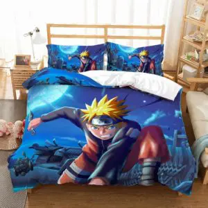 Parure de lit bleu marine Naruto. Bonne qualité, confortable et à la mode sur un lit dans une maison