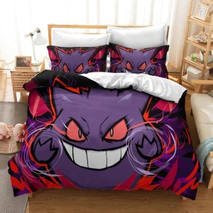 Parure de lit violette Pokémon Ectoplasma. Bonne qualité, confortable et à la mode sur un lit dans une maison