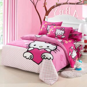 Parure de lit Hello Kitty rose, bonne qualité et à la mode sur un mur dans une maison