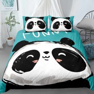 Parure de lit bleu imprimé pandas. Bonne qualité, confortable et à la mode sur un lit dans une maison