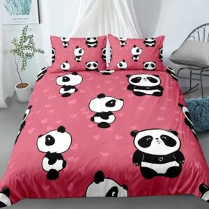 Parure de lit rose imprimé pandas. Bonne qualité, confortable et à la mode sur un lit dans une maison
