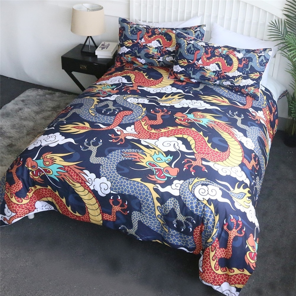 Parure de lit bleu imprimé dragons 17208 9ab704