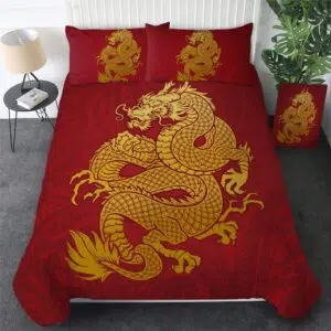 Parure de lit rouge imprimé dragon. Bonne qualité, confortable et à la mode sur un lit dans une maison
