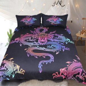 Parure de lit noir imprimé dragon multicolore. Bonne qualité, confortable et à la mode sur un lit dans une maison