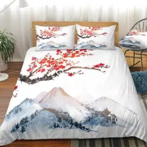 Parure de lit montagnes Japonaise. Bonne qualité, confortable et à la mode sur un lit dans une maison
