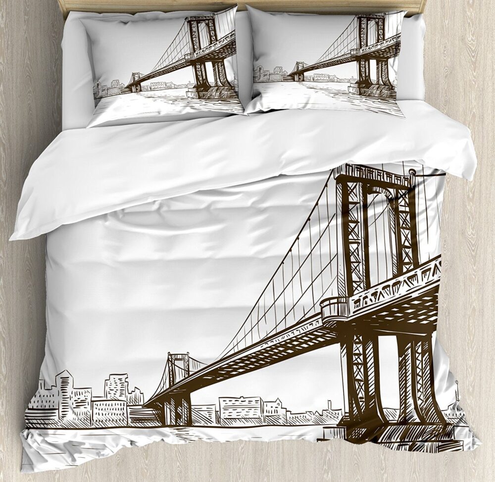 Parure de lit dessin du pont de Brooklyn. Bonne qualité et à la mode sur un lit dans une maison