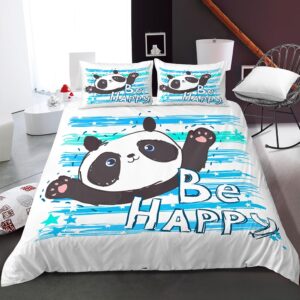 Parure de lit panda heureux. Bonne qualité, confortable et à la mode sur un lit dans une maison