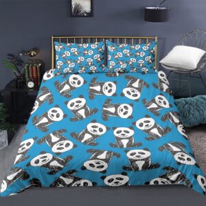 Parure de lit bleu pandas. Bonne qualité, confortable et à la mode sur un lit dans une maison