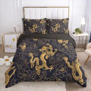 Parure de lit dragon noir et or. Bonne qualité, confortable et à la mode sur un lit dans une maison