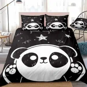 Parure de lit Panda, bonne qualité et à la mode sur un lit dans une maison, très confortable