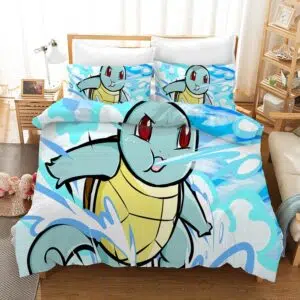 Parure de lit Pokémon Carapuce. Bonne qualité, confortable et à la mode sur un lit dans une maison
