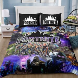 Parure de lit violette Fortnite vue sur la ville. Bonne qualité, confortable et à la mode sur un lit dans une maison