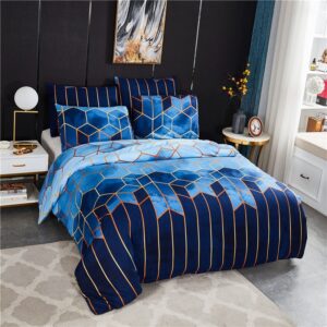 Parure de lit géométrique bleu. Bonne qualité, confortable et à la mode sur un lit dans une maison