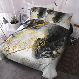 Parure de lit noir et blanche effet peinture. Bonne qualité, confortable et à la mode sur un lit dans une maison