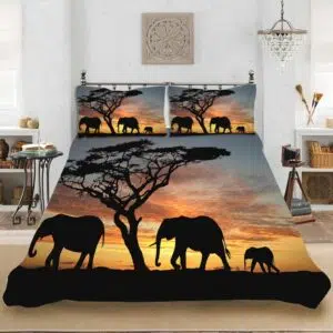 Parure de lit éléphants savane. Bonne qualité, confortable et à la mode sur un lit dans une maison