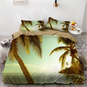 Parure de lit tropicale palmiers. Bonne qualité, confortable et à la mode sur un lit dans une maison