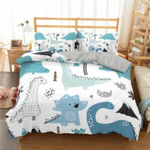 Parure de lit dinosaures bleus. Bonne qualité, confortable et à la mode sur un lit dans une maison