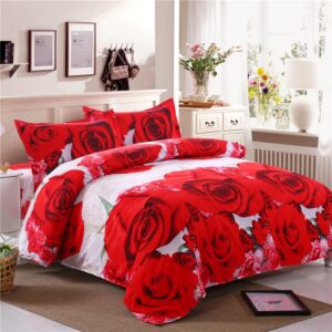 Parure de lit motif fleur rose rouge. Bonne qualité, confortable et à la mode sur un lit dans une maison