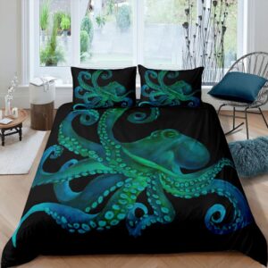 Parure de lit poulpe bleu. Bonne qualité, confortable et à la mode sur un lit dans une maison