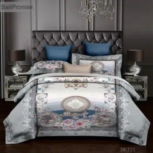 Parure de lit grise royal style européen. Bonne qualité, confortable et à la mode sur un lit dans une maison