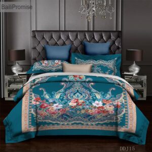 Parure de lit bleu royal style européen motif fleur. Bonne qualité, confortable et à la mode sur un lit dans une maison,