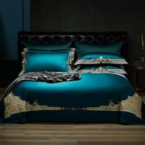 Parure de lit coton égyptien bleu-vert foncé. Bonne qualité, confortable et à la mode sur un lit dans une maison
