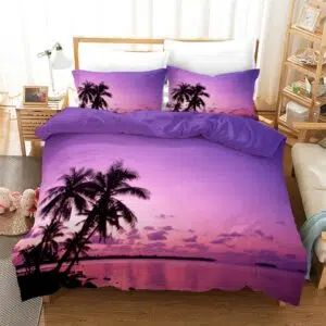 Parure de lit Coucher de Soleil Tropical. Bonne qualité, confortable et à la mode sur un lit dans une maison
