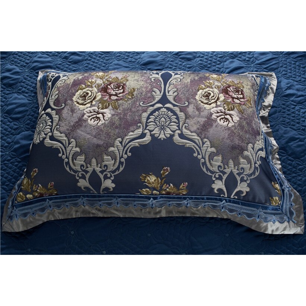 Parure de lit satin bleu avec motif fleurs 30951 189970