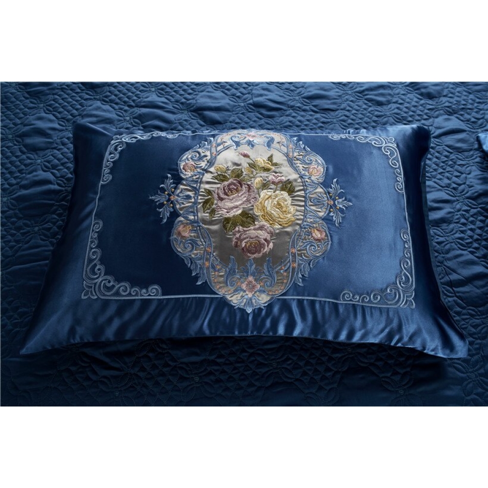 Parure de lit satin bleu avec motif fleurs 30951 5a4b26