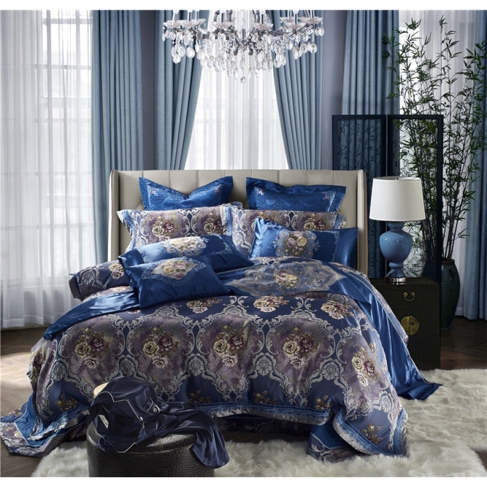 Parure de lit satin bleu avec motif fleurs 30951 be9d0e