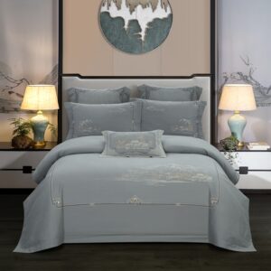 Parure de lit gris bleu style asiatique. Bonne qualité, confortable et à la mode sur un lit dans une maison