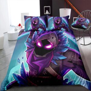 Parure de lit bleue avec imprimé Fortnite. Bonne qualité, confortable et à la mode sur un lit dans une maison