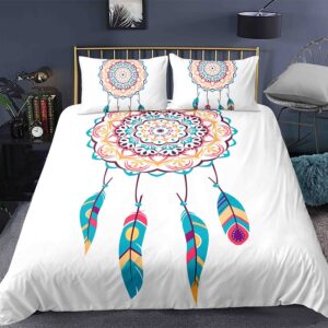 Parure de lit attrape rêve blanc motif mandala. Bonne qualité, confortable et à la mode sur un lit dans une maison
