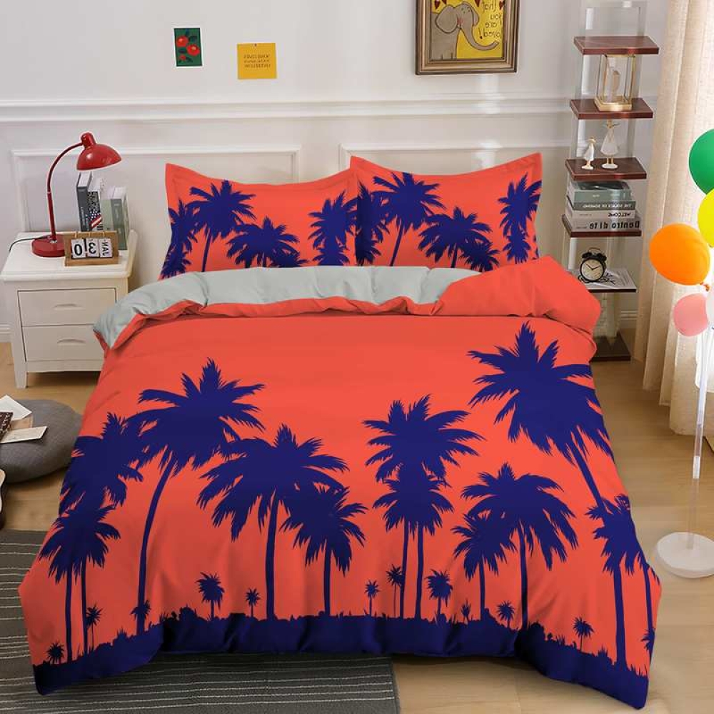 Parure de lit Orange et Palmiers Bleus. Bonne qualité, confortable et à la mode sur un lit dans une maison